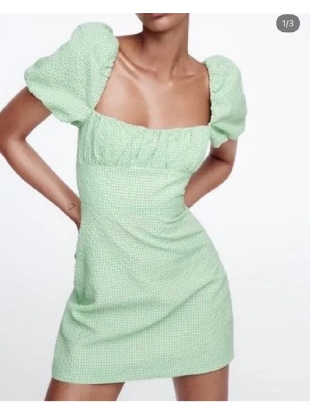 Zara Gingham Dress Size XS Mint Green Puff Sleeve Mini 100% Cotton Side Zipper - Picture 2 of 13